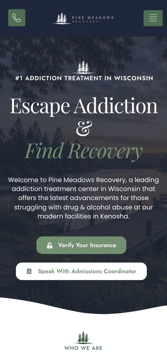 Pine Meadows Recovery website shown on a phone
